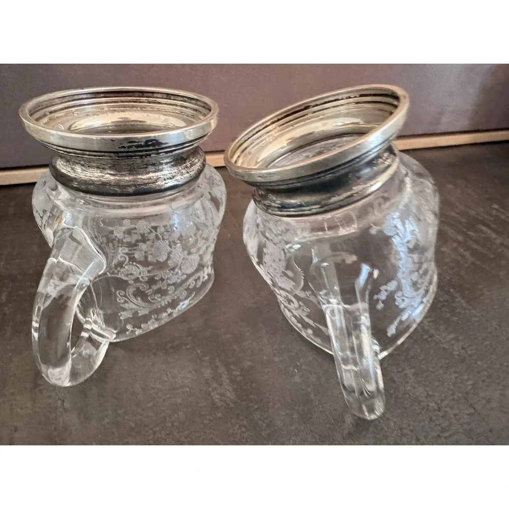 Vtg 1930's Cambridge Chantilly Etched Glass/Sterling Silver Base Creamer & Sugar